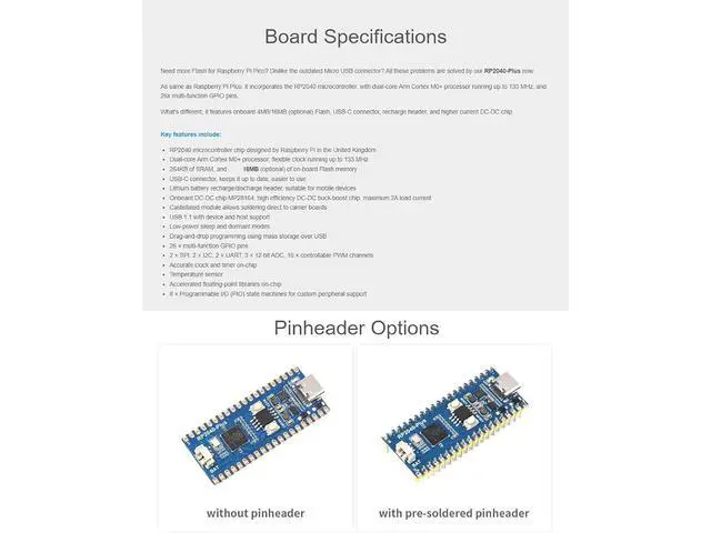 Alt view image 3 of 7 - RP2040-Plus Board, Pico-Like MCU Board Based on MCU RP2040, Dual-Core Arm Cortex M0+ Processor up to 133 MHz, Onboard 16MB Flash, USB-C Connector, Recharge Header, Higher Current DC-DC Chip