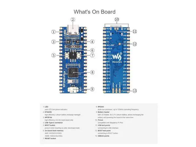Alt view image 4 of 7 - RP2040-Plus Board, Pico-Like MCU Board Based on MCU RP2040, Dual-Core Arm Cortex M0+ Processor up to 133 MHz, Onboard 16MB Flash, USB-C Connector, Recharge Header, Higher Current DC-DC Chip