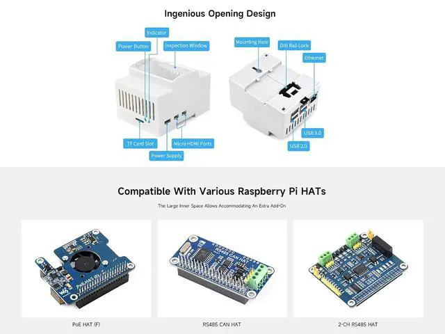 Alt view image 4 of 6 - Case for Raspberry Pi 5, DIN Rail ABS Case Compatible with Raspberry Pi Hats PoE HAT (F), RS485 CAN HAT etc. Clear Top Window, Large Inner Space, Injection Moduling