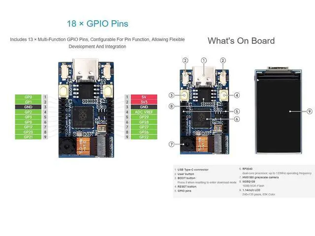 Alt view image 4 of 6 - RP2040 Camera MCU Board Based on Raspberry Pi RP2040 Microcontroller, RP2040 Camera Dev Board Onboard HM01B0 Grayscale Camera and 1.14inch IPS LCD Display, Type-C Connector