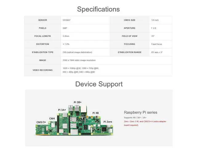 Alt view image 5 of 7 - OV5647 Camera Module for Raspberry Pi 4B/3B+/3A+, 5MP Optical Image Stabilization Camera, FOV 70°, 3.2mm Lens, F2.8 Aperture, Support Dual-axis Image Stabilization, Compensation Angle ± 5°
