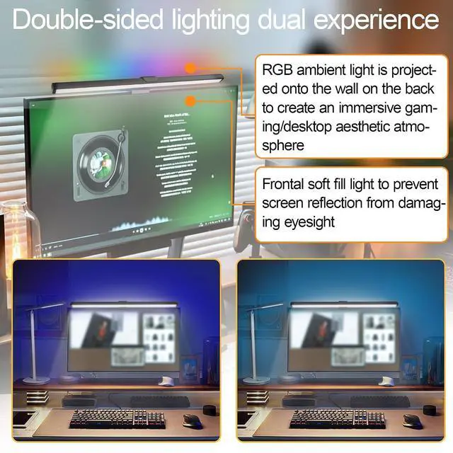Alt view image 6 of 7 - Dual-Sided Screen Light Bar, RGB Atmosphere Backlight & 3 Color Temperatures, Touch Control Non-Magnetic Lamp for Low-Light Eye Care