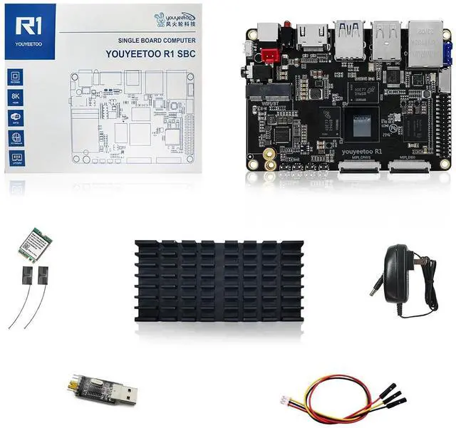 Main image of R1 WiFi 6 Single Board Computer -Rockchip RK3588S -6 Tops NPU & 8K Display -Support HDMI 2.1, SATA 3.0, PCIe 2.0 SSD, USB Host x5, Onboard NFC -AIoT Control/NAS (8GB RAM+64GB eMMC Kits)