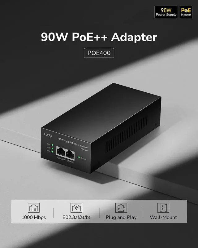 Alt view image 2 of 7 - POE400 90W Gigabit Ultra PoE++ Injector Adapter, IEEE 802.3 bt /802.3at/802.3af Compliant, Up to 90W Ultra Power Supply, 10/100/1000Mbps Shielded RJ-45, Plug & Play, Metal housing