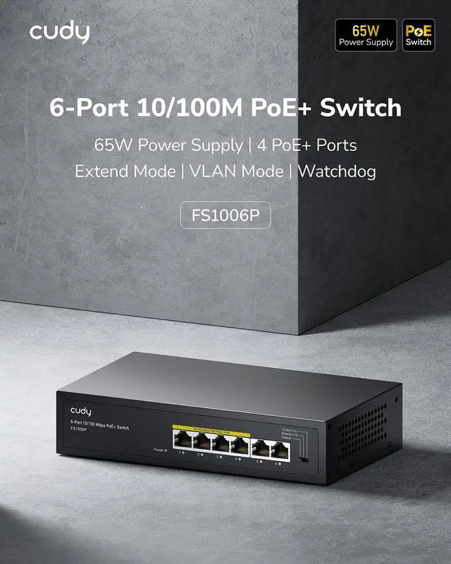 Alt view image 2 of 7 - FS1006P 6-Port 10/100M PoE Switch 60W, 4 PoE Ports, CCTV Mode (Transmit Distance to 250m at 10Mbps), PD Detection,Fan-Less, Steel Case, Desktop and Wall-Mount, 802.3at / 802.3af