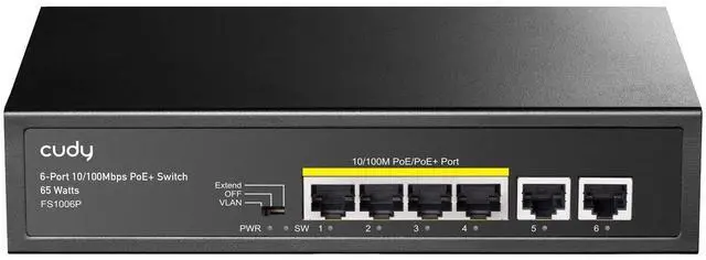 Main image of FS1006P 6-Port 10/100M PoE Switch 60W, 4 PoE Ports, CCTV Mode (Transmit Distance to 250m at 10Mbps), PD Detection,Fan-Less, Steel Case, Desktop and Wall-Mount, 802.3at / 802.3af