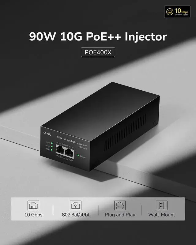 Alt view image 2 of 7 - POE400X 90W 10G Ultra PoE++ Injector Adapter, 802.3bt /802.3at/802.3af Compliant, Up to 90W Ultra Power Supply, 10Gbps Shielded RJ-45, Plug & Play, Metal housing
