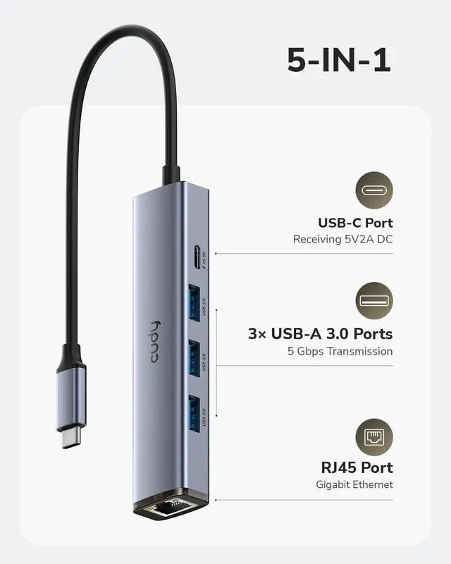 Alt view image 2 of 7 - 5-in-1 USB-C Hub with Gigabit Ethernet RJ45 Port, Multiport Adapter, 3 USB-A 3.2 Gen 1, USB-C Port Receiving 5V2A DC for USB C Connection, UH605