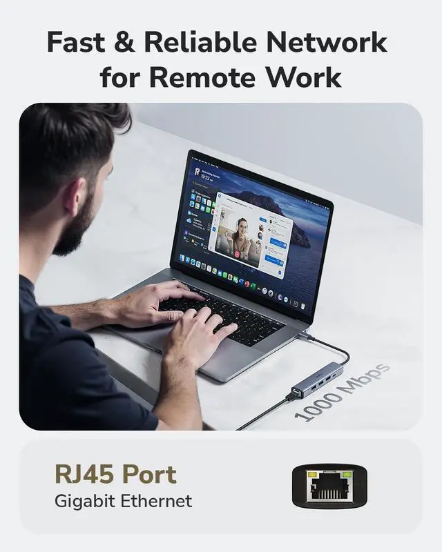 Alt view image 3 of 7 - 5-in-1 USB-C Hub with Gigabit Ethernet RJ45 Port, Multiport Adapter, 3 USB-A 3.2 Gen 1, USB-C Port Receiving 5V2A DC for USB C Connection, UH605