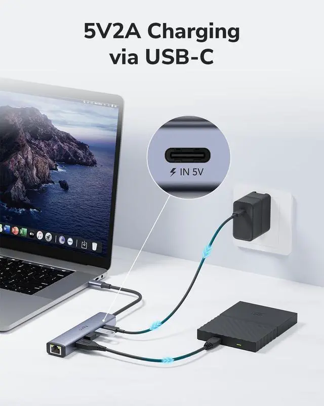 Alt view image 4 of 7 - 5-in-1 USB-C Hub with Gigabit Ethernet RJ45 Port, Multiport Adapter, 3 USB-A 3.2 Gen 1, USB-C Port Receiving 5V2A DC for USB C Connection, UH605