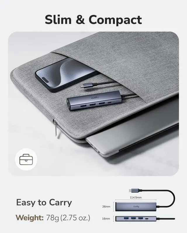 Alt view image 6 of 7 - 5-in-1 USB-C Hub with Gigabit Ethernet RJ45 Port, Multiport Adapter, 3 USB-A 3.2 Gen 1, USB-C Port Receiving 5V2A DC for USB C Connection, UH605