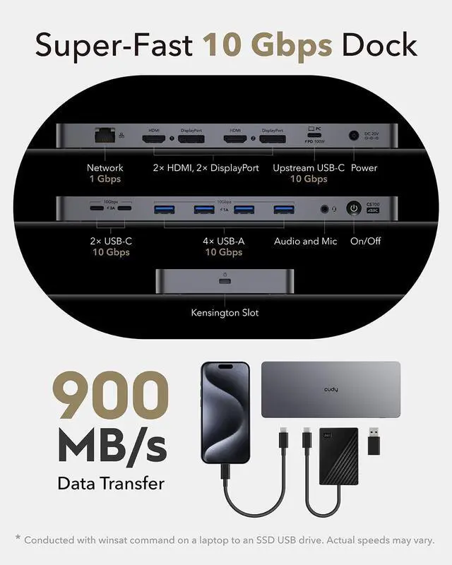 Alt view image 2 of 7 - USB 3.2 Gen 2 Dual 4K 60Hz Display Docking Station, Up to 2 Monitor Display, 10Gbps USB C, 2 HDMI & Display Ports, 1000Mbps RJ45 Port, 100 Watts PD, 150 Watts PSU, DisplayLink, CS700