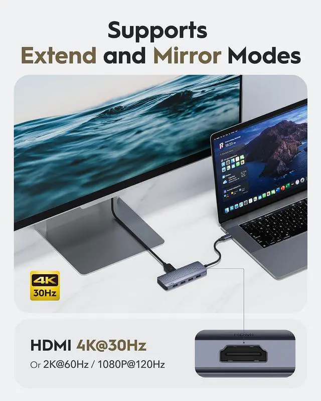 Alt view image 3 of 7 - UH500 USB C Hub for Laptop/PC, Gigabit USB 3.2 Multiport Adapter, 4K HDMI 30Hz, Compatible with Mac/Windows/Linux Systems, Charging Supports