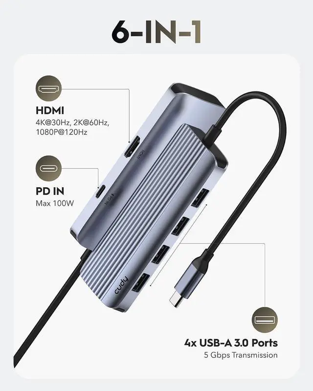 Alt view image 2 of 7 - UH500 USB C Hub for Laptop/PC, Gigabit USB 3.2 Multiport Adapter, 4K HDMI 30Hz, Compatible with Mac/Windows/Linux Systems, Charging Supports