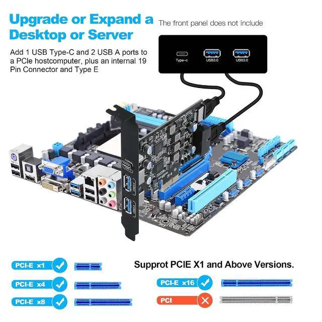 Alt view image 3 of 7 - USB 3.0 PCIe Expansion Card, 5-Port (2X USB-A + 1x USB-C + Type-E + 19-pin Header) PCI Express Card with UASP Support, Plug and Play for Windows 11/10/8/Linux, Includes Low-Profile Bracket