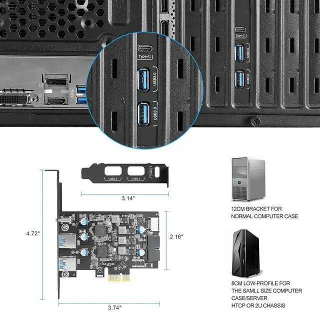 Alt view image 5 of 7 - USB 3.0 PCIe Expansion Card, 5-Port (2X USB-A + 1x USB-C + Type-E + 19-pin Header) PCI Express Card with UASP Support, Plug and Play for Windows 11/10/8/Linux, Includes Low-Profile Bracket