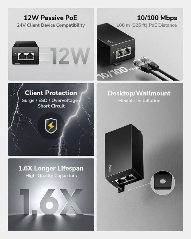 Alt view image 3 of 7 - Passive PoE Adapter 24V 12W 328ft 10/100Mbps RJ45 Injector POE2412W | 24V Passive PoE Mode B with 12W power, 100m/328ft reach, 10/100Mbps RJ45, surge & ESD protection, wallmount ready, power LED