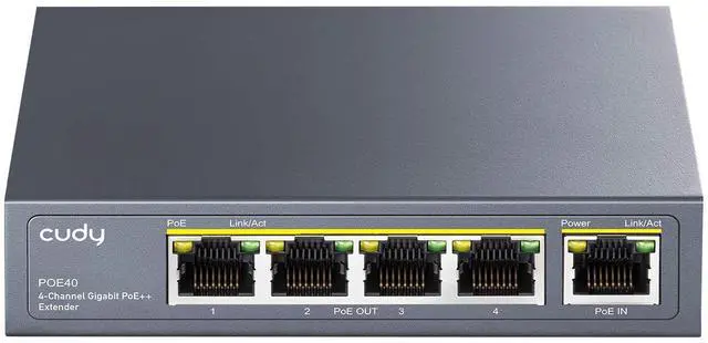 Main image of 4 Channel Gigabit PoE Extender, 1000 Mbps, 1 PoE Input, 4 PoE Output, PoE Repeater, PoE+ Amplifier, PoE++ Booster, Wall Mounting, IEEE 802.3bt / 802.3at / 802.3af Compliance