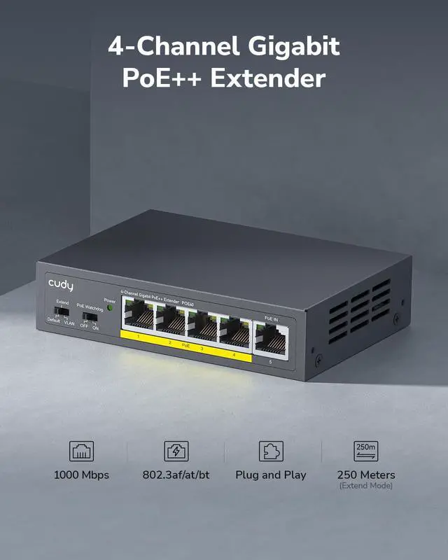 Alt view image 2 of 7 - 4 Channel Gigabit PoE Extender, 1000 Mbps, 1 PoE Input, 4 PoE Output, PoE Repeater, PoE+ Amplifier, PoE++ Booster, Wall Mounting, IEEE 802.3bt / 802.3at / 802.3af Compliance
