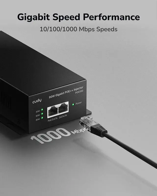 Alt view image 5 of 7 - 90 Watts Gigabit PoE++ Injector, 1000Mbps PoE Adapter, 90W Power Budget, PoE++ Adapter, IEEE 802.3af / 802.3at/802.3bt Compliant, 54V, Metal Housing, POE350