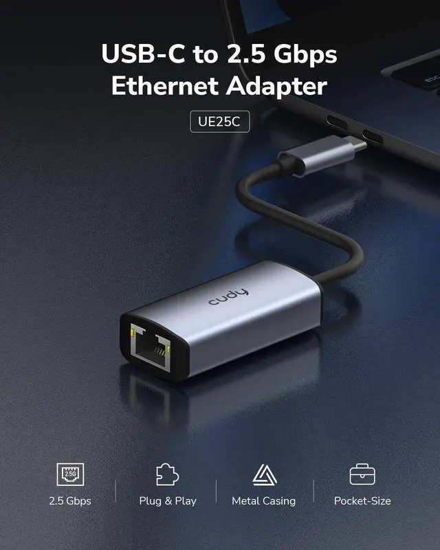 Alt view image 2 of 7 - USB-C to 2.5 Gbps Ethernet Adapter, Wired Network Adapter, Aluminum RJ45 2500Mbps Thunderbolt LAN Adaptor, Compatible with Laptop, Phone, Tablet etc., UE25C