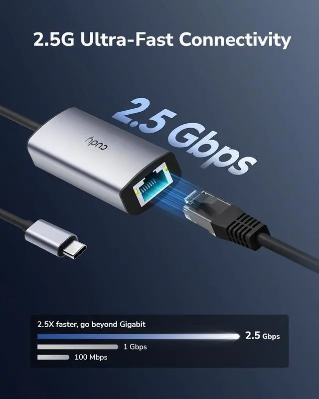 Alt view image 3 of 7 - USB-C to 2.5 Gbps Ethernet Adapter, Wired Network Adapter, Aluminum RJ45 2500Mbps Thunderbolt LAN Adaptor, Compatible with Laptop, Phone, Tablet etc., UE25C