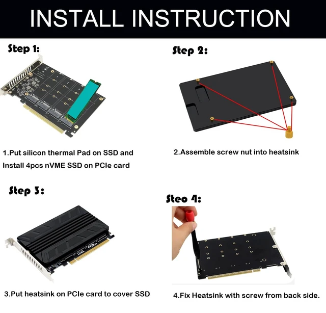 Alt view image 4 of 4 - Quad NVMe SSD PCIe Adapter, 4 M.2 NVMe SSD to PCI-e 4.0 3.0 x16 Card with HeatSink Support 2230 2242 2280 NVMe SSD (PCI-e 16X Bifurcation Required)