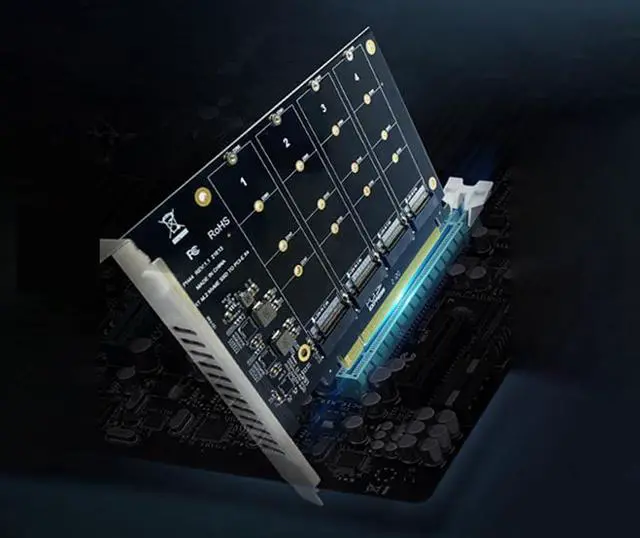 Alt view image 2 of 4 - Quad NVMe SSD PCIe Adapter, 4 M.2 NVMe SSD to PCI-e 4.0 3.0 x16 Card Support 2230 2242 2280 NVMe SSD (PCI-e 16X Bifurcation Required)