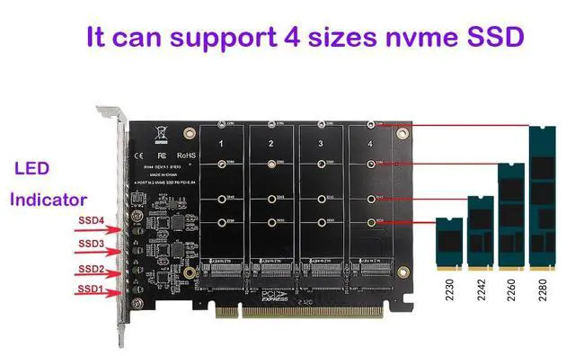 Alt view image 3 of 4 - Quad NVMe SSD PCIe Adapter, 4 M.2 NVMe SSD to PCI-e 4.0 3.0 x16 Card Support 2230 2242 2280 NVMe SSD (PCI-e 16X Bifurcation Required)