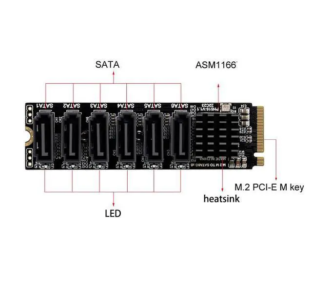 Alt view image 4 of 6 - M.2 to SATA3 Adapter Card, M.2 M-Key PCIe to 6 Ports SATA 6Gbps Expansion Card ASM1166 with Smart LED Indicator
