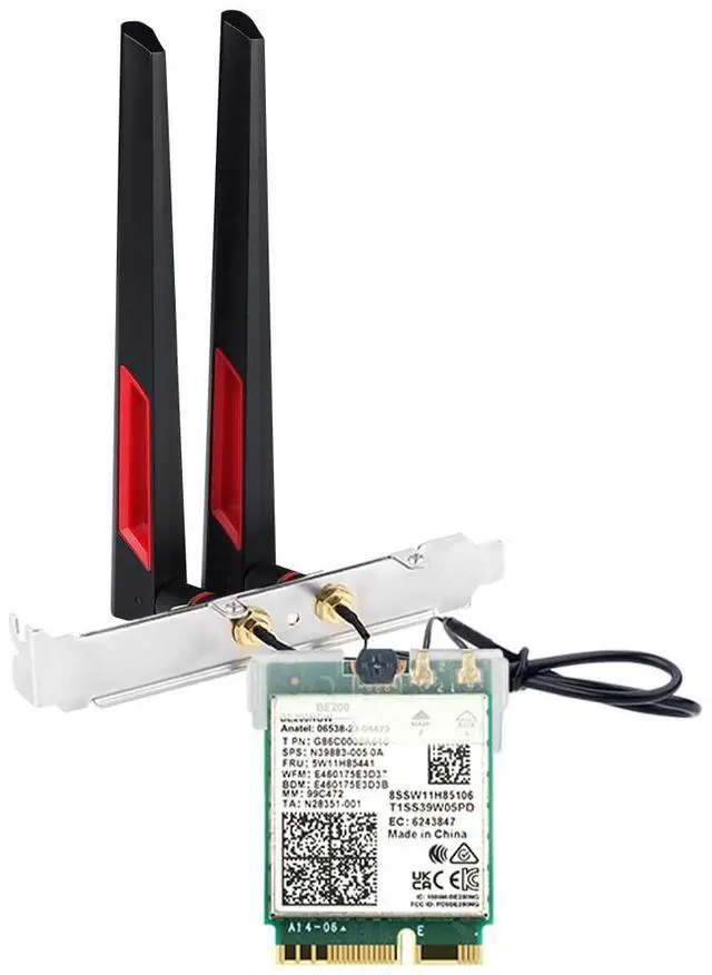Main image of WiFi 7 M.2 BE200 Card Desktop Kit 8774Mbps Tri-Band 6GHz BT5.4 Win10/11 | Complete kit with 10dBi antennas, MHF4 cables & brackets, Easy install, Gaming optimized, For Intel 12th Gen+ CPUs only