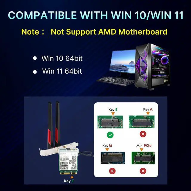 Alt view image 3 of 7 - WiFi 7 M.2 BE200 Card Desktop Kit 8774Mbps Tri-Band 6GHz BT5.4 Win10/11 | Complete kit with 10dBi antennas, MHF4 cables & brackets, Easy install, Gaming optimized, For Intel 12th Gen+ CPUs only