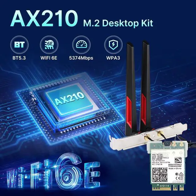 Alt view image 3 of 7 - AX210 WiFi 6E Card Tri-Band 5400Mbps AX210NGW Wireless Adapter 6GHz/5G/2.4G | Bluetooth 5.3, Desktop M.2 Network Adapter, WPA3, High Gain Antennas, Low Profile Bracket, for Windows 10/11 64Bit