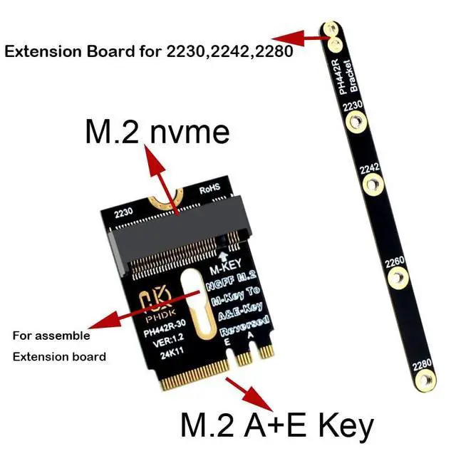 Alt view image 3 of 5 - M.2 (NGFF) 2230 2242 2280 NVME SSD to M2 A/E Key Port Card (Only Provide PCIe 1X Lane)