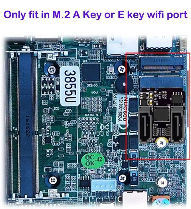 Alt view image 5 of 5 - M.2 NGFF Key A+E to Dual SATA 3.0 Ports Adapter Extension Card Chipset JMB582(Only Fit A-Key or E-Key WiFi Port)