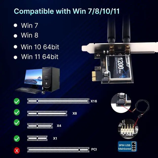 Alt view image 7 of 7 - AC1200 WiFi PCIe Card 867Mbps 5GHz Gaming Bluetooth Windows 11/10/8/7 | 867Mbps 5GHz gaming, 300Mbps long-range, Bluetooth (USB Cable incl.), Dual brackets Fits mini/standard PC, Windows 7-11