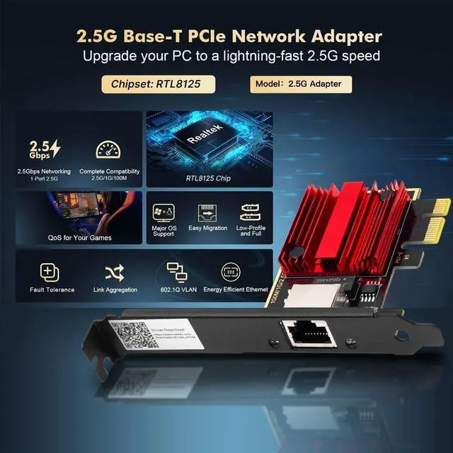 Alt view image 2 of 7 - 2.5G Ethernet PCIe Card RTL8125 Gaming NAS Server SFF PC Windows | 2500Mbps 2.5G wired speed, 2.5x faster Gigabit, RTL8125, full/Low-profile brackets, Fits PCIe x1/x4/x8/x16, Win7-11 & Linux