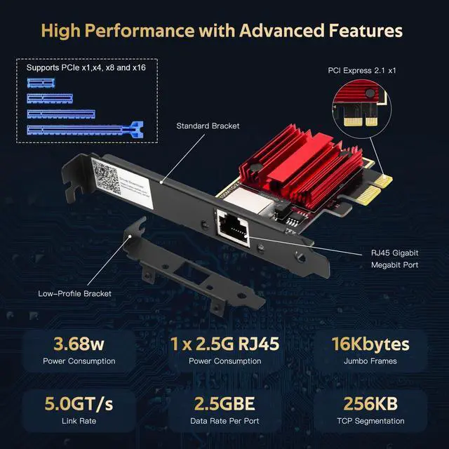 Alt view image 4 of 7 - 2.5G Ethernet PCIe Card RTL8125 Gaming NAS Server SFF PC Windows | 2500Mbps 2.5G wired speed, 2.5x faster Gigabit, RTL8125, full/Low-profile brackets, Fits PCIe x1/x4/x8/x16, Win7-11 & Linux