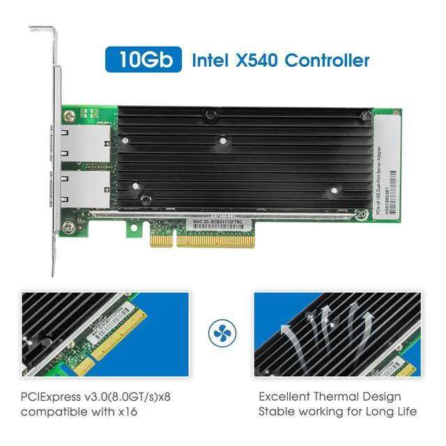 Alt view image 3 of 6 - 10Gb PCI-E NIC Network Card,Dual Copper RJ45 Port,Intel X540 Controller,PCI Express v3.0 X8 Ethernet LAN Adapter for Windows/Linux/ESX,Compare to Intel X540-T1/X540-T2
