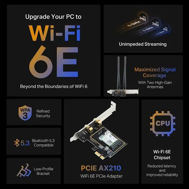 Alt view image 2 of 7 - AX210 WiFi 6E Card for Desktop, PCIe Wireless Network Card with Bluetooth 5.3, AX5400 Tri-Band, OFDMA & MU-MIMO, Ultra-Low Latency, WPA3, Low-Profile Bracket, for Windows 10/11
