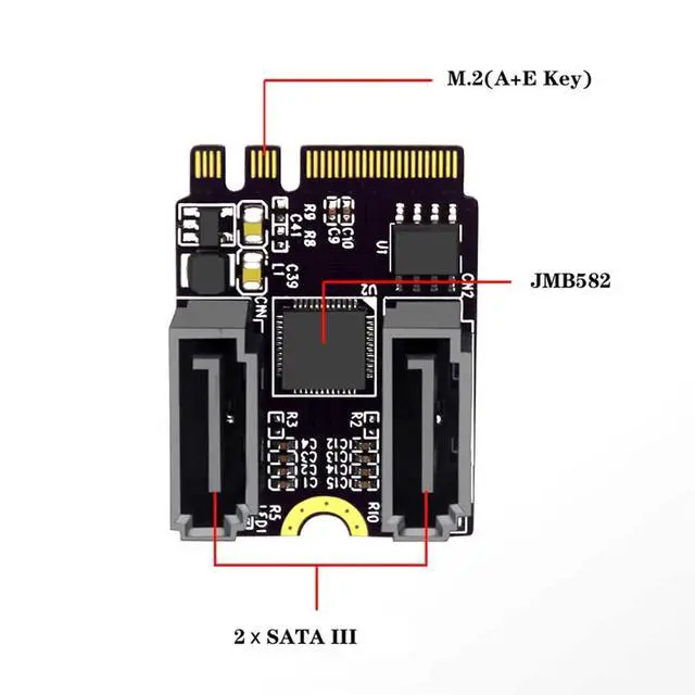 Alt view image 2 of 7 - xiwai NGFF Key A+E PCI Express to SATA 3.0 6Gbps Dual Ports Adapter Converter Hard Drive Extension Card JMB582 2230