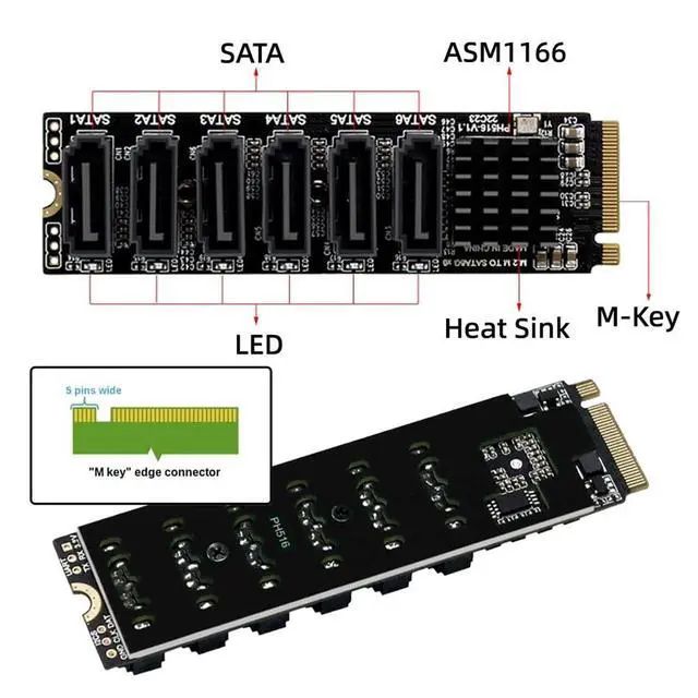 Alt view image 4 of 7 - xiwai NGFF NVME M-Key PCI Express to SATA 3.0 6 Ports 6Gbps Adapter Converter Hard Drive Extension Card 2280