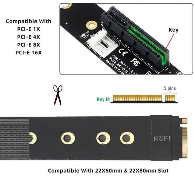 Alt view image 4 of 7 - M.2 NGFF NVMe M-Key to Up Angled PCI-E X1 X4 X8 X16 Socket Cable Graphics Card Extension Adapter PCI-Express