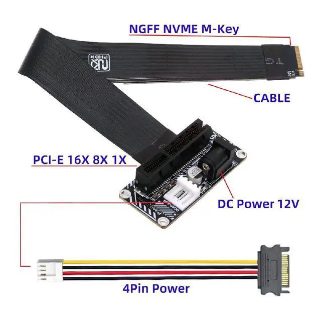 Alt view image 3 of 7 - M.2 NGFF NVMe M-Key to Up Angled PCI-E X1 X4 X8 X16 Socket Cable Graphics Card Extension Adapter PCI-Express