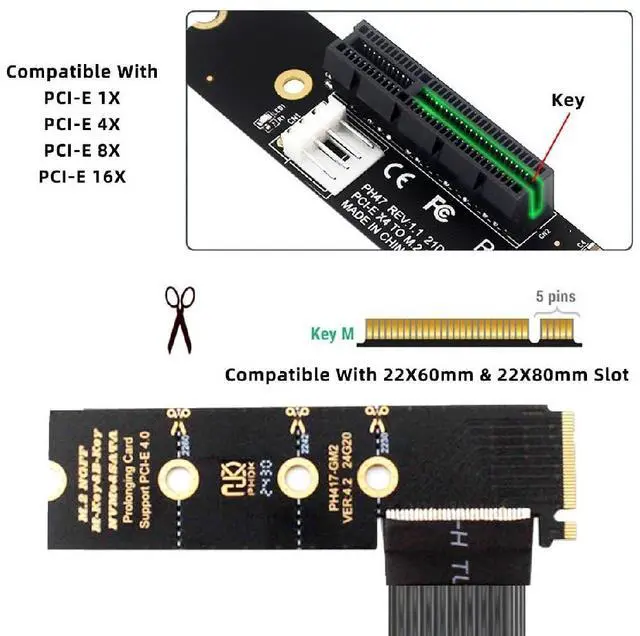Alt view image 4 of 7 - Angled Type 90 Degree M.2 NGFF NVMe M-Key to Up Angled PCI-E X1 X4 X8 X16 Socket Cable Graphics Card Extension Adapter PCI-Express