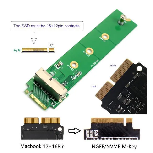 Alt view image 3 of 7 - xiwai PCI Express M.2 NGFF M-Key PCI-E 4X to 12Pin+16Pin Contacts SSD Convert Card for 2013 2014 2015 2016 2017 A1493 A1502 A1465 A1466