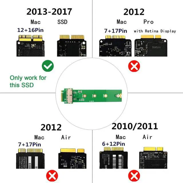 Alt view image 2 of 7 - xiwai PCI Express M.2 NGFF M-Key PCI-E 4X to 12Pin+16Pin Contacts SSD Convert Card for 2013 2014 2015 2016 2017 A1493 A1502 A1465 A1466