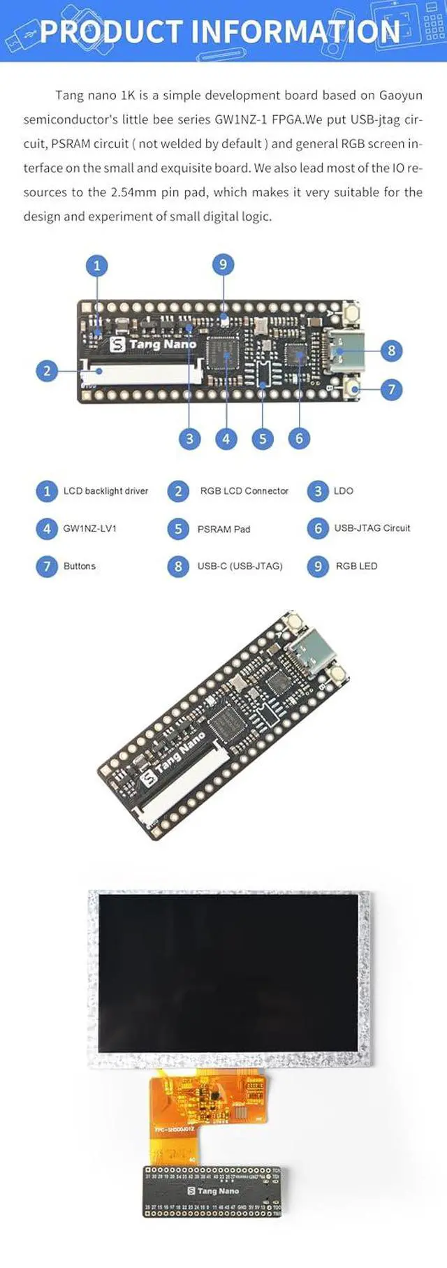 Alt view image 3 of 7 - Sipeed Tang Nano 1K FPGA Development Board, GW1NZ-LV1 1152 LUT4 Onboard USB-JTAG Type-C 27MHz Oscillator RGB LCD VGA Support All IO Expanded, Compact Entry-Level Learning Kit for Student Maker