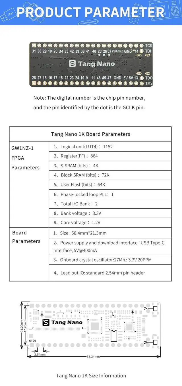 Alt view image 4 of 7 - Sipeed Tang Nano 1K FPGA Development Board, GW1NZ-LV1 1152 LUT4 Onboard USB-JTAG Type-C 27MHz Oscillator RGB LCD VGA Support All IO Expanded, Compact Entry-Level Learning Kit for Student Maker