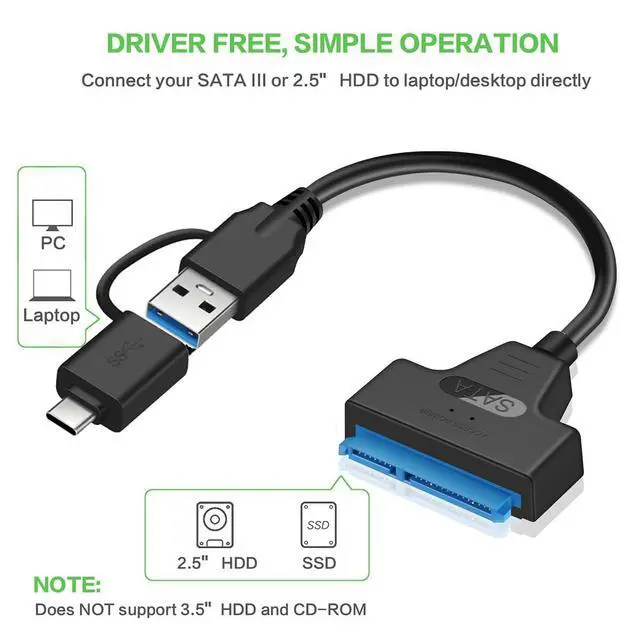 Alt view image 2 of 7 - USB 3.0 USB-C Type-C & Type-A Dual Connector to SATA 22 Pin 2.5inch Hard Disk Driver SSD Adapter Cable 5Gbps for Laptop